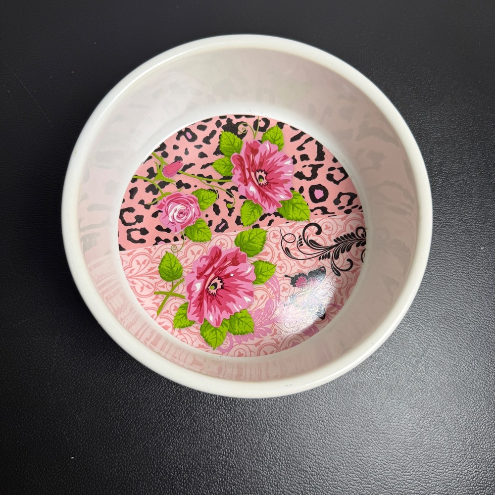 Debra Valencia Ceramic Pet Bowl Small Pink Leopard Floral 2012 Blue Harbor Dish